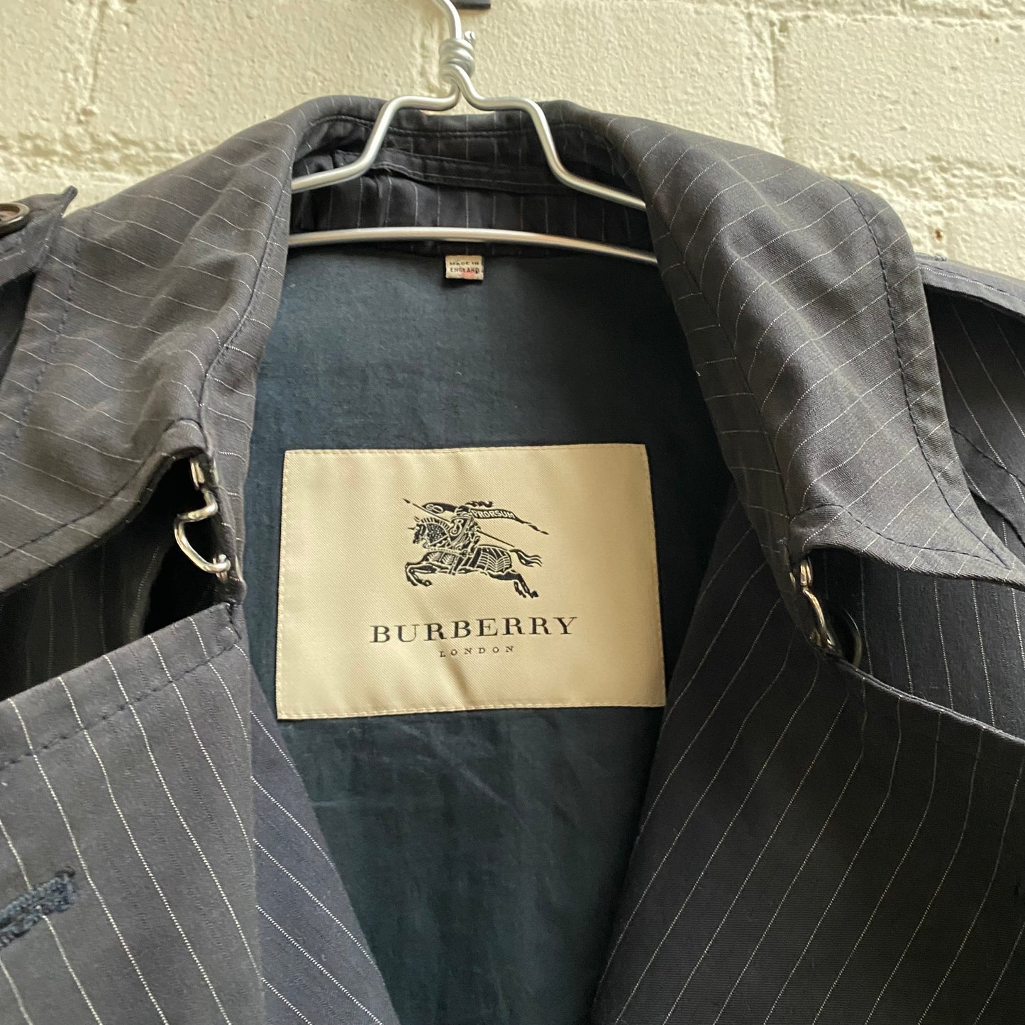 Burberry Pinstripe Trench Coat w/ D-Ring Belt